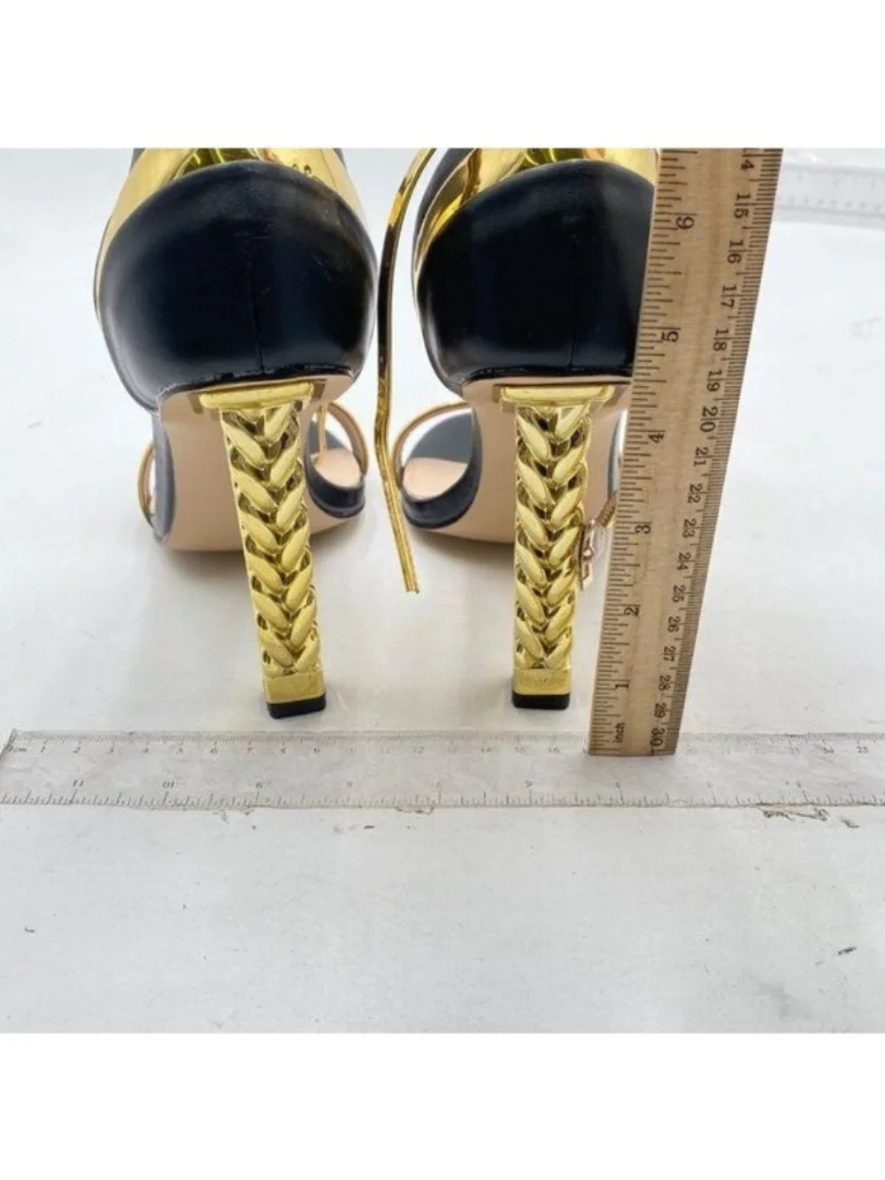 FSJ Women Flower Gold Metal Chain Chunky High Heels Ankle Strap Sandals Black